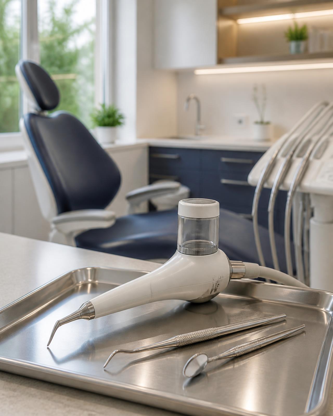 Air-polishing handpiece and hygiene instruments in a bright treatment room